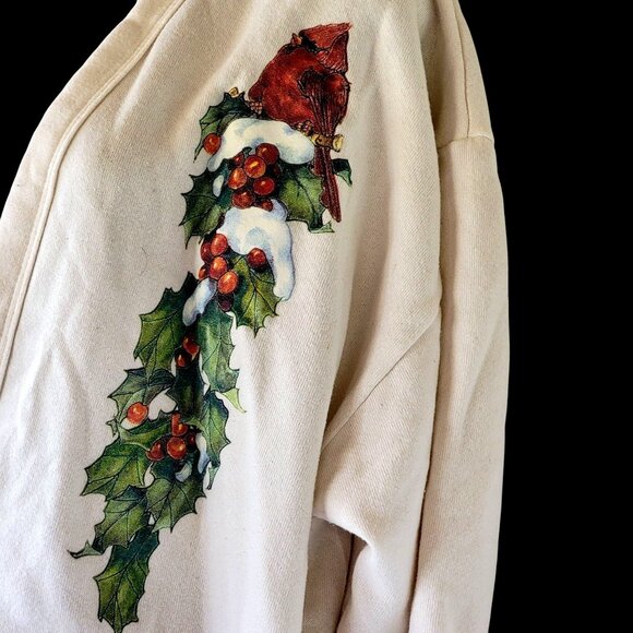 Vintage 90s Jerzees Cream Cardigan With Festive Cardinal & Holly Print Design - Picture 4 of 14
